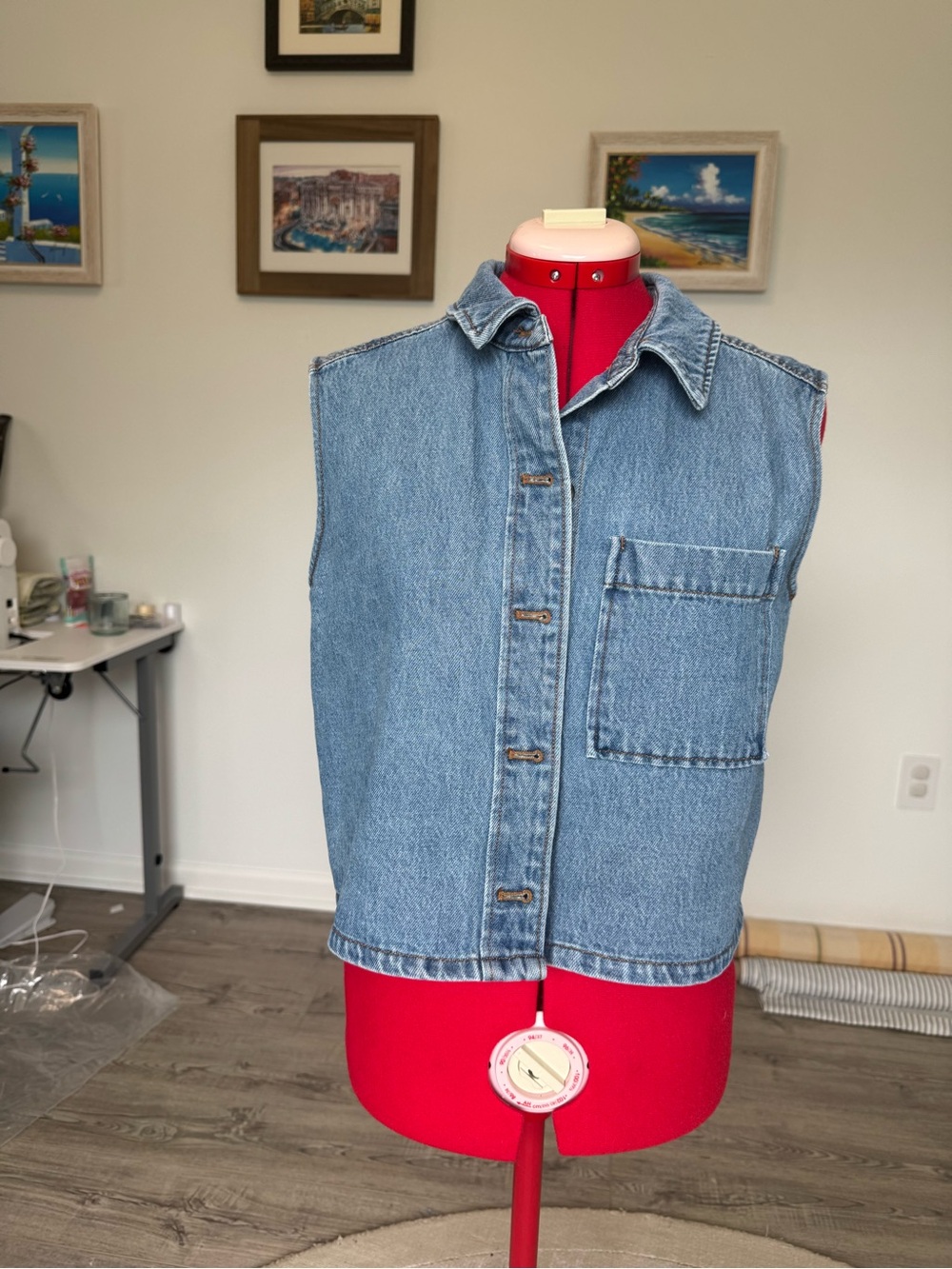 Sleeveless Light Blue Denim Button-Down Shirt